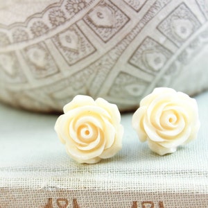 Cream Rose Earrings Surgical Steel Posts Flower Studs Light Yellow Floral Earrings Off White Rose Resin Jewelry Romantic Bridesmaids Gifts image 1