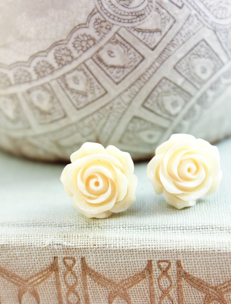 Cream Rose Earrings Surgical Steel Posts Flower Studs Light Yellow Floral Earrings Off White Rose Resin Jewelry Romantic Bridesmaids Gifts image 1