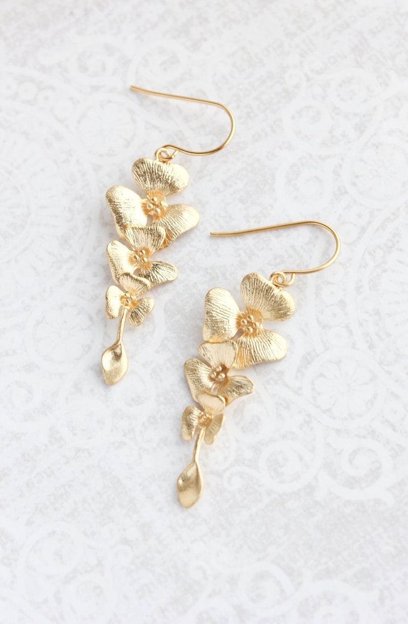 Gold Orchid Earrings Floral Dangle Earrings Long Gold Etsy Canada