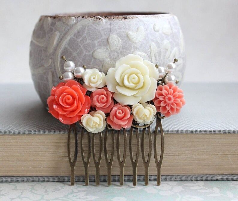 Flower Hair Comb Coral Orange Rose Cream Pearls Bright Etsy