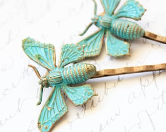Butterfly Bobby Pins Insect Hair Pins Teal Blue Patina Brass Woodland Wedding Garden Bridal Hair Accessories Wings Rustic Bridesmaids Hair