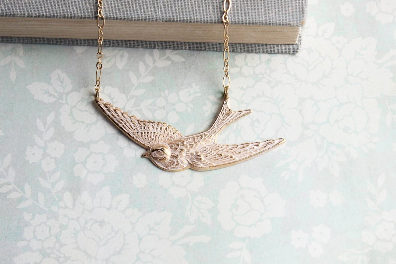 White Bird Necklace Statement Necklace Raw Gold Brass Flying Etsy