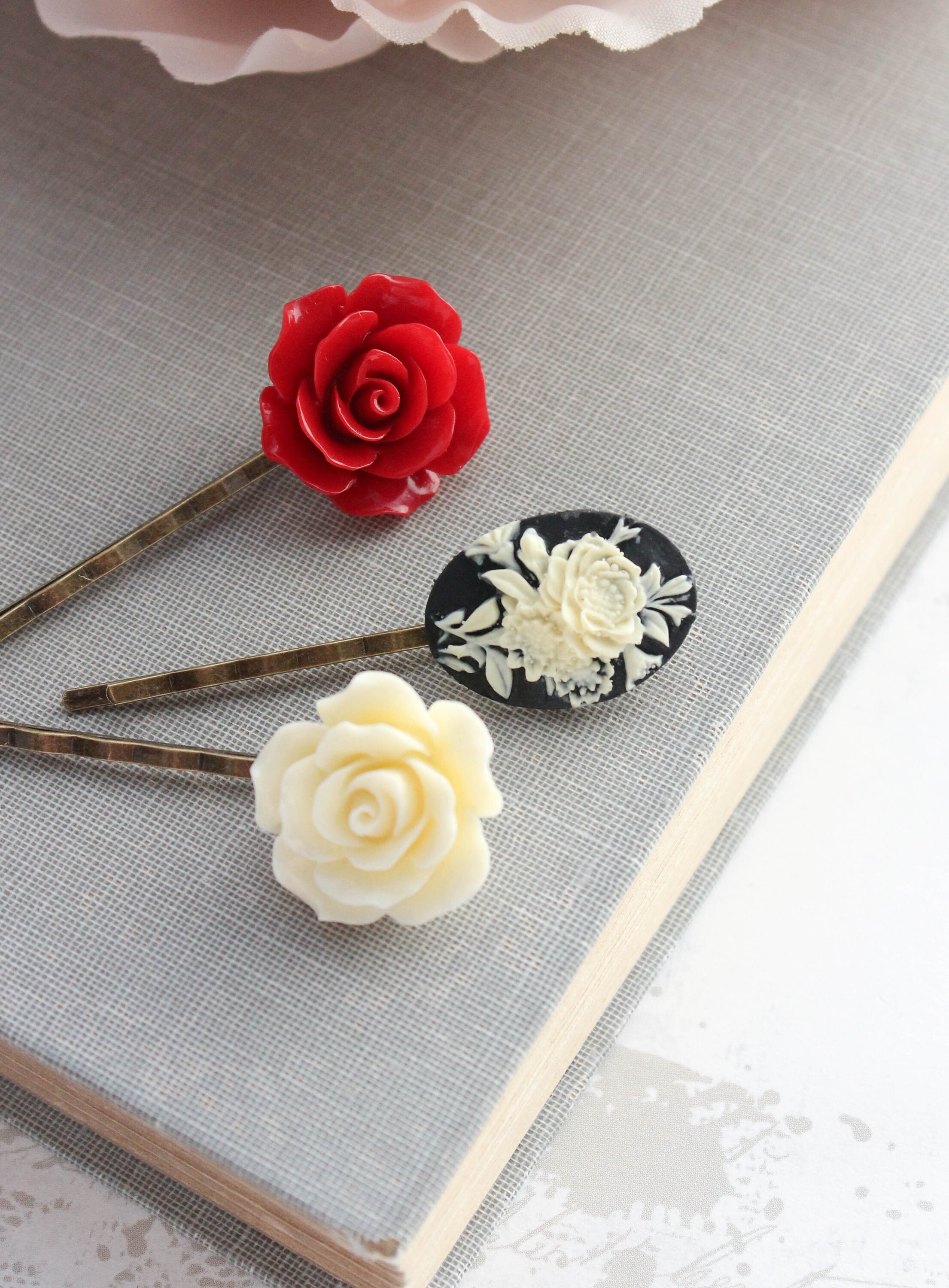 Red Rose Bobby Pins, Black Flower Cameo, Vintage Style Ivory 