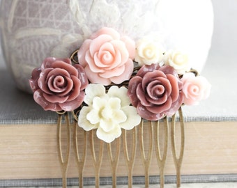 Blush Pink Rose Hair Comb Dark Dusty Rose Floral Collage Romantic Bridal Shabby Country Bridesmaid Gift Summer Wedding Vintage Style