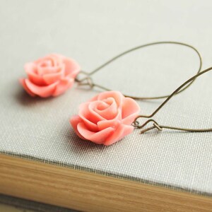 Coral Rose Earrings Flower Earrings Floral Accessories Spring Dangle Earrings Bright Drop Earrings Orange Peach Coral Flower Long Earrings image 4