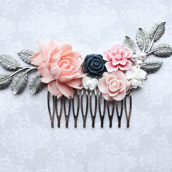 Pink Rose Comb Silver Branch Bridal Comb Something Blue Navy Blue Rose Peach Pink Wedding Floral Hair Comb Garden Wedding Rustic Boho Chic