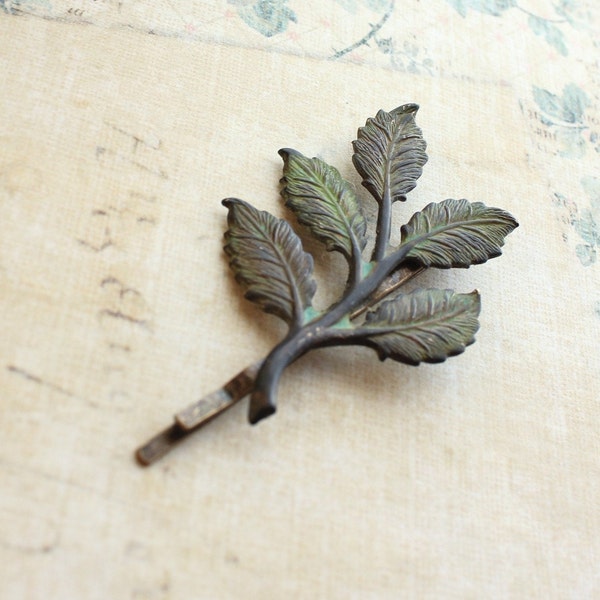 Branch Bobby Pin Dark Green Verdigris Patina Hair Pin Leaf Bobbies Rustic Hair Accessories Woodland Wedding Moss Green Leaves Gift for her