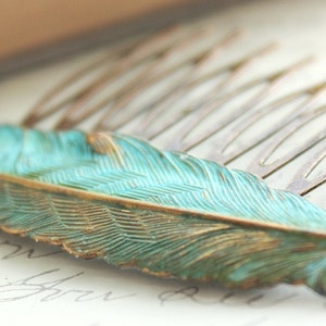 Big Feather Hair Comb Teal Verdigris Patina Woodland Wedding Bird Rustic Nature Bridesmaid Gift For her Bridal Hair Accessories Gift For Mom