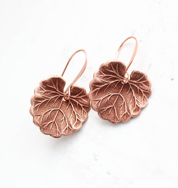 Copper Leaf Earrings, Lily Pad Earrings, Antiqued Copper Dangle, Geramium Leaf, Unique Jewellery, Vintage Nature Inspired Faerie Fairie