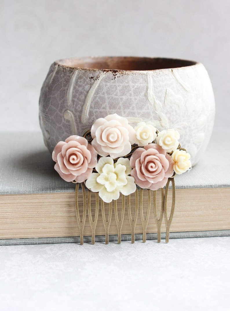 Blush Rose Hair Comb Floral Collage Romantic Bridal Shabby Country Bridesmaid Gift Summer Wedding Natural Color Nude Tones Vintage Style 