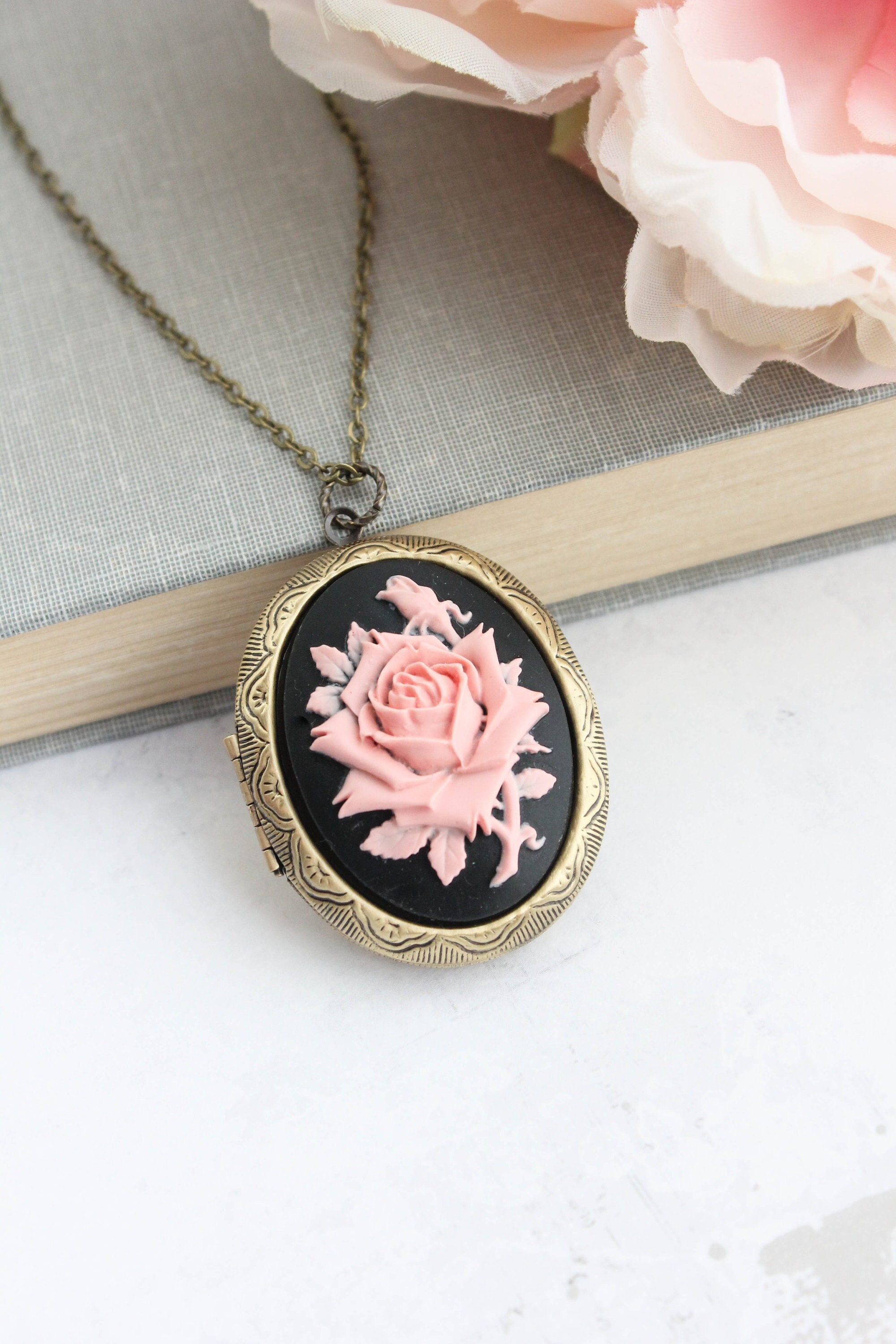 Pink Rose Locket Necklace, Black and Pink, Large Oval Photo Locket