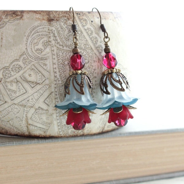 Lucite Flower Earrings, Floral Drops, Nickel Free, Teal Blue, Deep Cherry, Oxblood Red, Cranberry, Aqua, Dangle Earrings, Unique Accessories