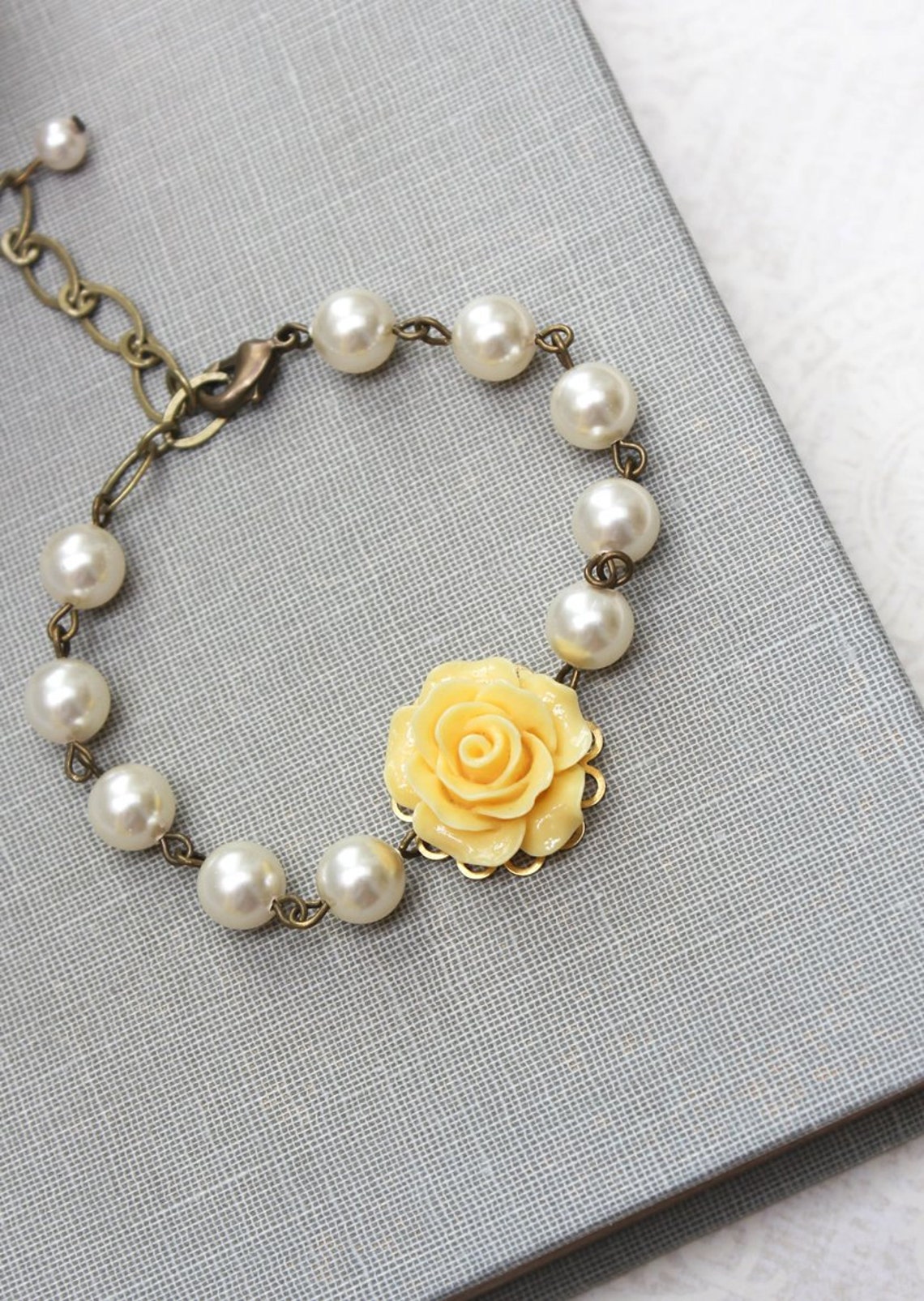 Bridemaids Gift Yellow Rose Bracelet Pearl Bracelet Flower Etsy