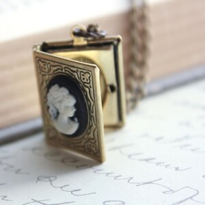 Book Locket Necklace Black and Ivory Lady Cameo Necklace Antique Brass Nickel Free Long Chain Vintage Style Photo Locket Booklovers Gift image 3