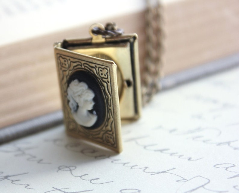 Book Locket Necklace Black and Ivory Lady Cameo Necklace Antique Brass Nickel Free Long Chain Vintage Style Photo Locket Booklovers Gift image 3