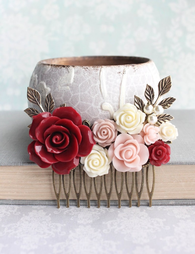 Rose Hair Comb Vintage Style Wedding Deep Red Rose Pink Floral Collage Romantic Pearl Hair Piece Bridemaids Gifts Antique Gold Branch Comb