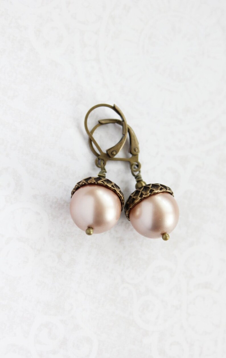 Pearl Acorn Earrings Almond Blush Pearl Drop Autumn Oak Etsy