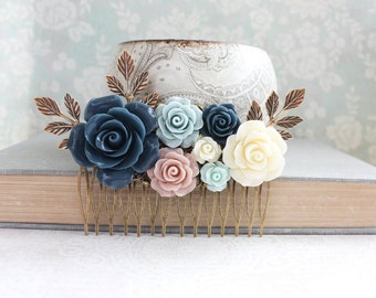 Big Rose Hair Comb Romantic Floral Collage Navy Blue Rose Cream Ivory Flower Hair Piece Blush Pink and Blue Leaf Bridal Comb Bridemaid Gift