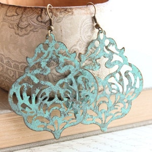 Large Patina Earrings Filigree Dangle Earrings Large Drop Lacy Metal Lace Blue Aqua Verdigris Turquoise Rustic Patina Jewelry Boho Chic