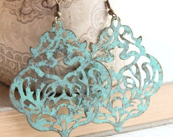 Large Patina Earrings Filigree Dangle Earrings Large Drop Lacy Metal Lace Blue Aqua Verdigris Turquoise Rustic Patina Jewelry Boho Chic