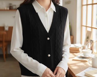 Zopfmuster Knopf Pullover Weste Damen V-Ausschnitt Weste - Pastell & Schwarz - S - XL