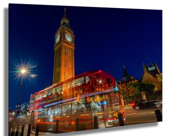 Big Ben at Night with London Bus – Iconic UK Photography, Long Exposure Cityscape Print