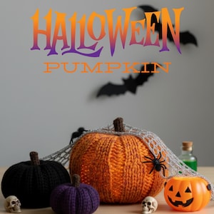 Può includere: Un'esposizione a tema Halloween con zucche lavorate a maglia arancioni, nere e viola, con una lanterna jack-o'-lantern intagliata, teschi e una ragnatela. Il testo "HALLOWEEN PUMPKIN" è scritto in arancione e viola.