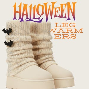 May include: Cream-colored platform boots with matching leg warmers. The leg warmers have a knitted texture with silver thread accents and black bat embellishments. The word "HALLOWEEN" is written in orange and purple.