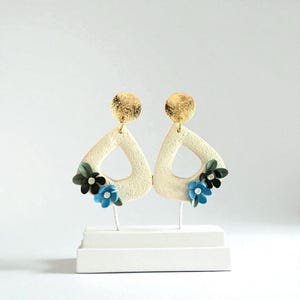 Handmade White Floral Earrings, Polymer Clay Dangles, Textured Loop Earrings, Blue Flower Jewelry, Boho Statement Earrings, Low Tide Clay