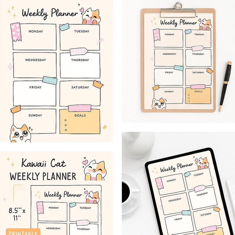 Kawaii Cat Weekly Planner | Printable PDF | Cute Kids Student Schedule ...