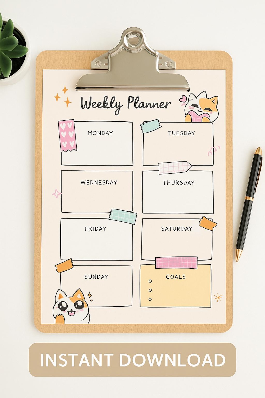 Kawaii Cat Weekly Planner | Printable PDF | Cute Kids Student Schedule ...