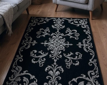 Vintage Black & White Victorian Rug – Elegant Home Decor