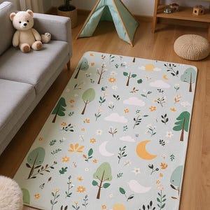 Baby Blau Wald Blumenteppich: Weiche Spieldecke, Walddekor