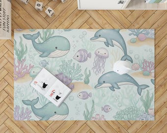 Whimsical Dolphin Kids Rug | Pastel Ocean Nursery Play Mat