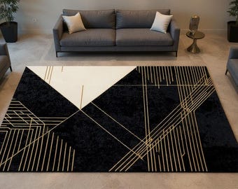 Czarno-biały geometryczny dywan, nowoczesna minimalistyczna mata podłogowa