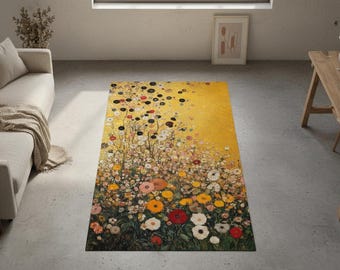 Art Nouveau Inspired Area Rug – Gold Tones Decorative Carpet, Klimt Style Home Decor