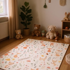 Woodland Animals Baby Rug | Forest Nursery Decor | Soft Baby Play Mat | Cozy Kids Room Carpet | Nature Themed Nursery Gift|Forest Animal Mat