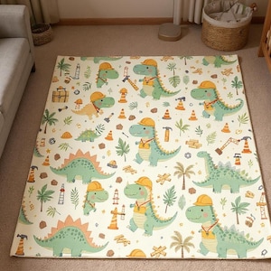 Construction Dinosaurs Rug for Kids Room,Playroom Toddler Bedroom Nursery Floor Carpet Decor,Dinosaur Rug for Kids Bedroom, Boys Bedroom Rug