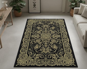 Alfombra gótica victoriana: decoración romántica vintage oscura, negra y dorada
