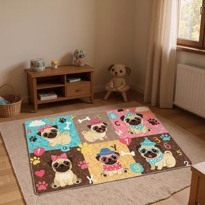Cute Pug Dog Kids Rug | Happy Puppy Playroom Carpet | Nursery Area Mat | Children&#39;s Bedroom Decor