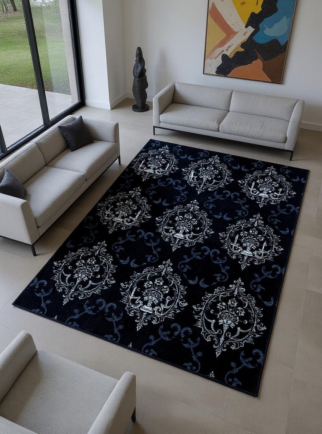 Navy Blue Baroque Area Rug, Modern Victorian Style - Etsy