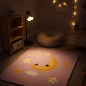 Alfombra infantil con diseño de luna y estrellas: rosa suave o azul, alfombra de juegos con diseño de luna creciente, decoración celestial para habitación de bebé.