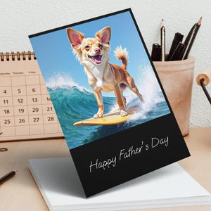 Surfing Dog Vatertag Karte, digitaler Download, süße Tier Karte, lustige Hund Geschenk, Chihuahua Kunst, Ozeanwelle Kunst, druckbare Dad Karte