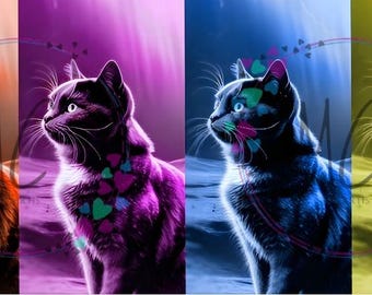 Puede incluir: Obra de arte digital que presenta cuatro paneles de un gato negro con ojos azules. Cada panel tiene un esquema de color diferente: naranja, morado, azul y amarillo. El gato está adornado con detalles en forma de corazón.