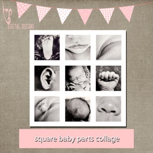 May include: A black and white collage of nine square images featuring different parts of a baby, including a foot, an ear, a hand, a nose, an eye, and a sleeping baby.