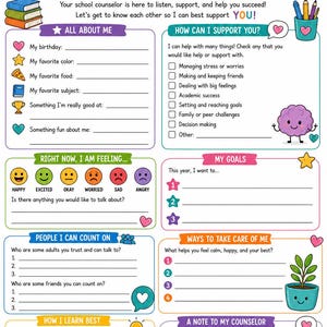 May include: A colourful school counsellor intake form featuring sections for personal information, goals, feelings, and support systems. The document includes illustrations of books, a brain, a plant, and a backpack, with text prompts for students.