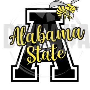 May include: A graphic design with the words "Alabama State" in yellow script over a large black and white letter "A". A yellow and black cartoon hornet is positioned above the letter. The design is on a white background.