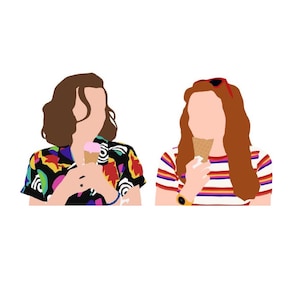 May include: Illustration of two people holding ice cream cones. One person wears a colorful shirt, the other a striped shirt. Both have brown hair and are depicted with simplified facial features. Red sunglasses are on top of the second person's head.