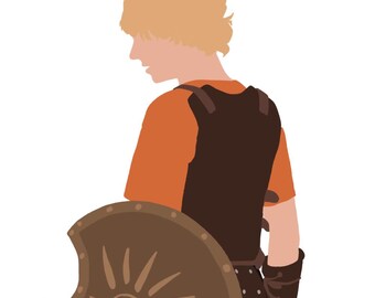 May include: Illustration of a figure in profile, wearing an orange shirt and brown armor. The figure holds a brown shield with a sunburst design. The background is white.