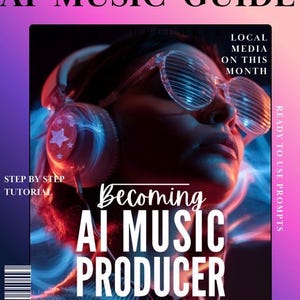 Puede incluir: Una portada de libro con un fondo degradado rosa y morado. El título "AI MUSIC GUIDE" está en la parte superior. La portada presenta a una persona con auriculares y gafas. El texto incluye "Becoming AI MUSIC PRODUCER" y "Step-by-Step Tutorial".